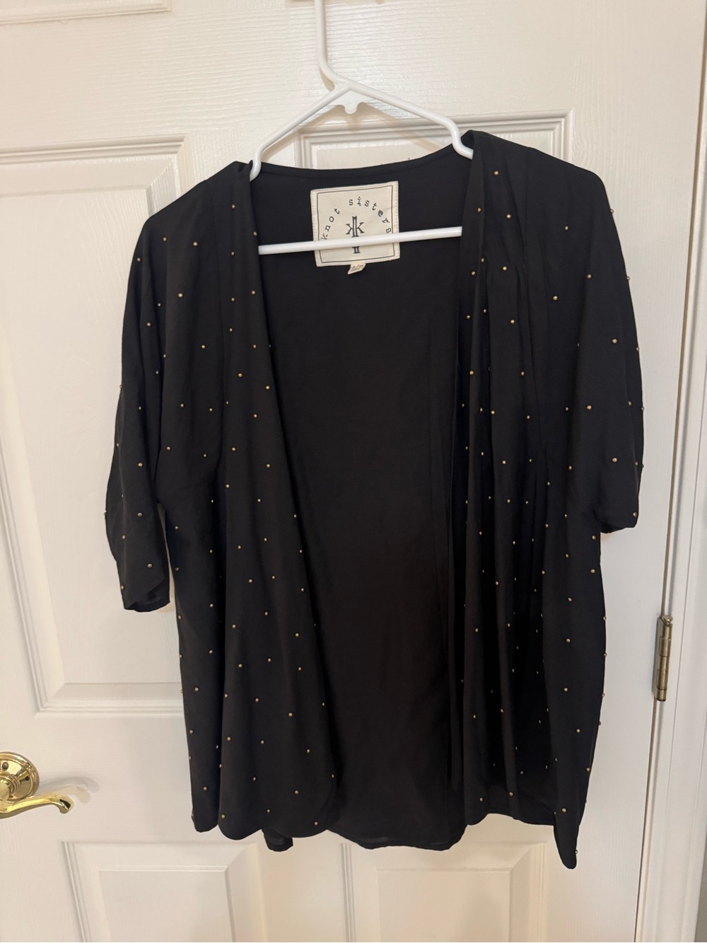 knot sisters Black Open Front Cardigan with Gold Dot Accent S/M Never worn
